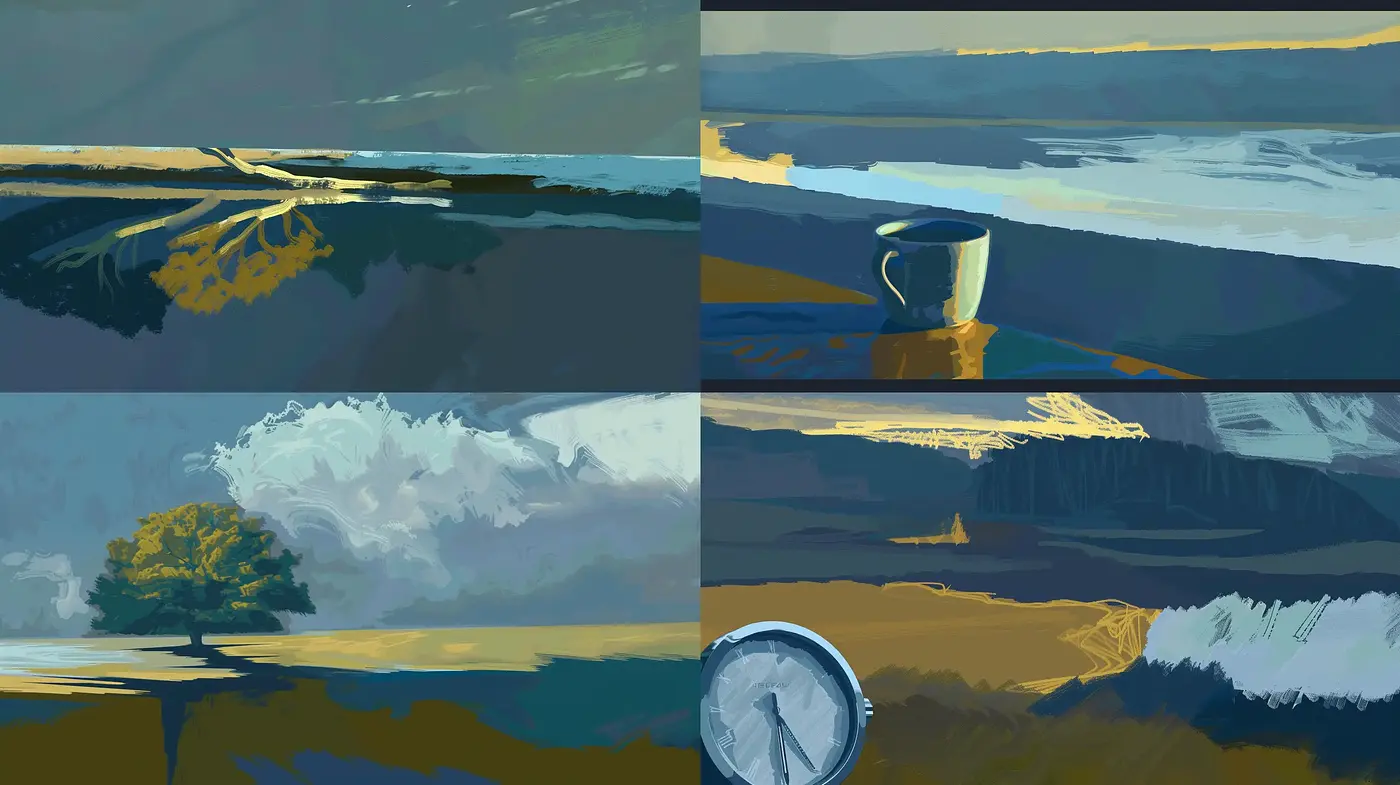 Contemplative Dusk: A Harmonious Mélange of Cool Hues and Warm Accents - Midjourney sref style