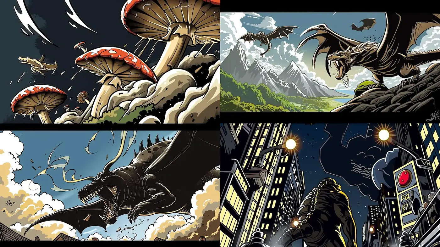 Dynamic and stylized depictions of fantastical creatures in vibrant settings - Midjourney sref style