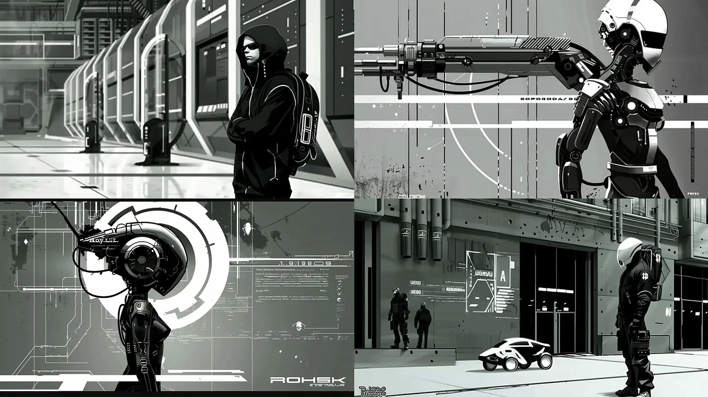 Futuristic Monochrome Cyberpunk Visions - Midjourney sref style