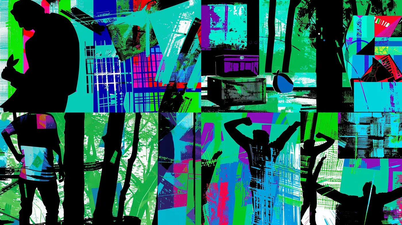 Neo-Pop Art Collage Exploration in Vivid Hues - Midjourney sref style