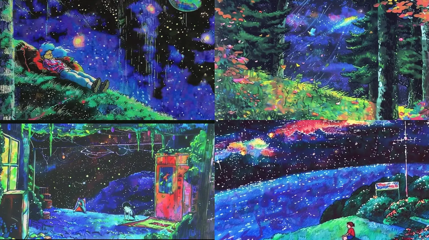 Starry Enchanted Forest in Vivid Hues - A Dreamlike Synthesis of Nature and Cosmos - Midjourney sref style