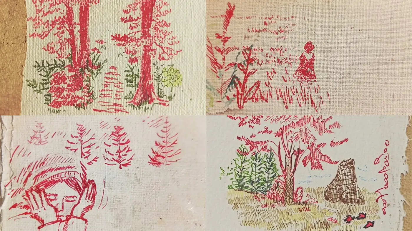 Whimsical Monochromatic Sketches on Textured Canvas - Midjourney sref style