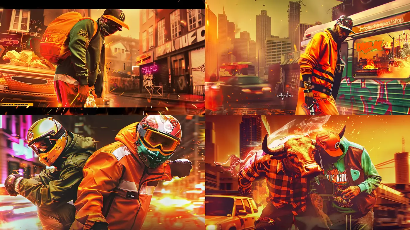 Dynamic Urban Saga with Saturated Neon Palette and Gritty Textures - Midjourney sref style
