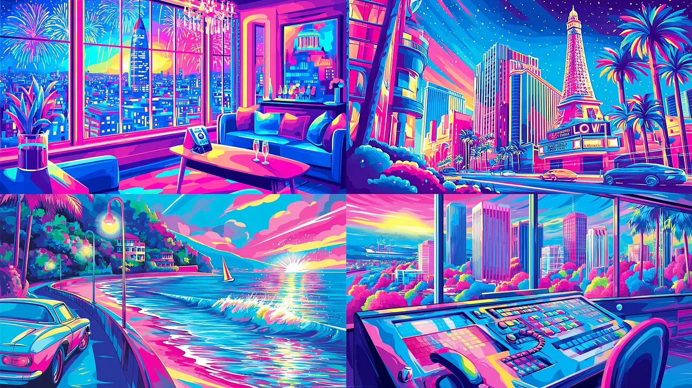 Vibrant retro-futuristic urban landscape with tropical influences - Midjourney sref style