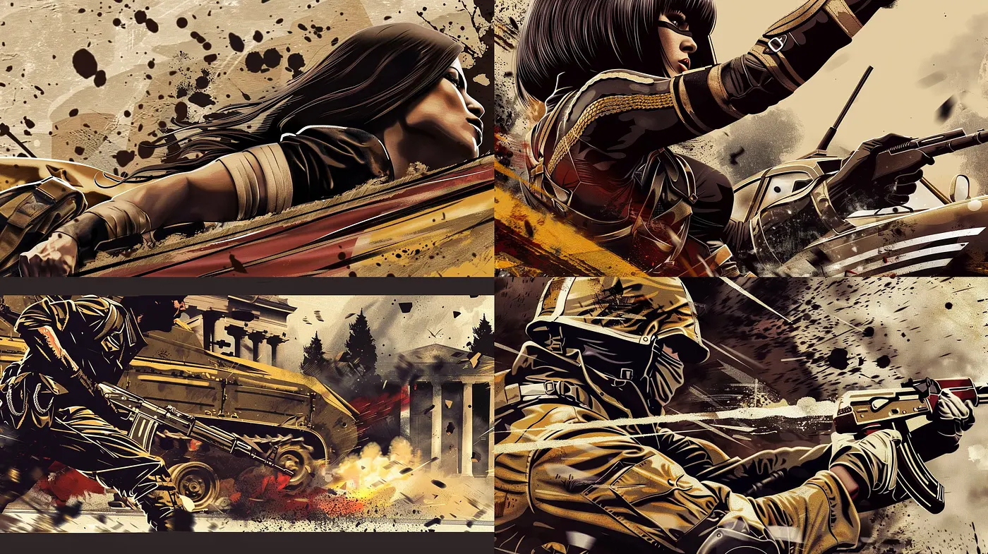 Dynamic Sepia-Toned Comic Book Illustration Series - Midjourney sref style