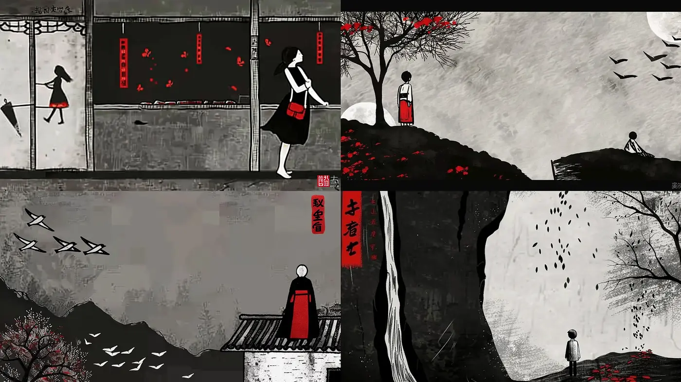 Monochromatic Serenity with Red Accents Inspired by Traditional East Asian Art - Midjourney sref style
