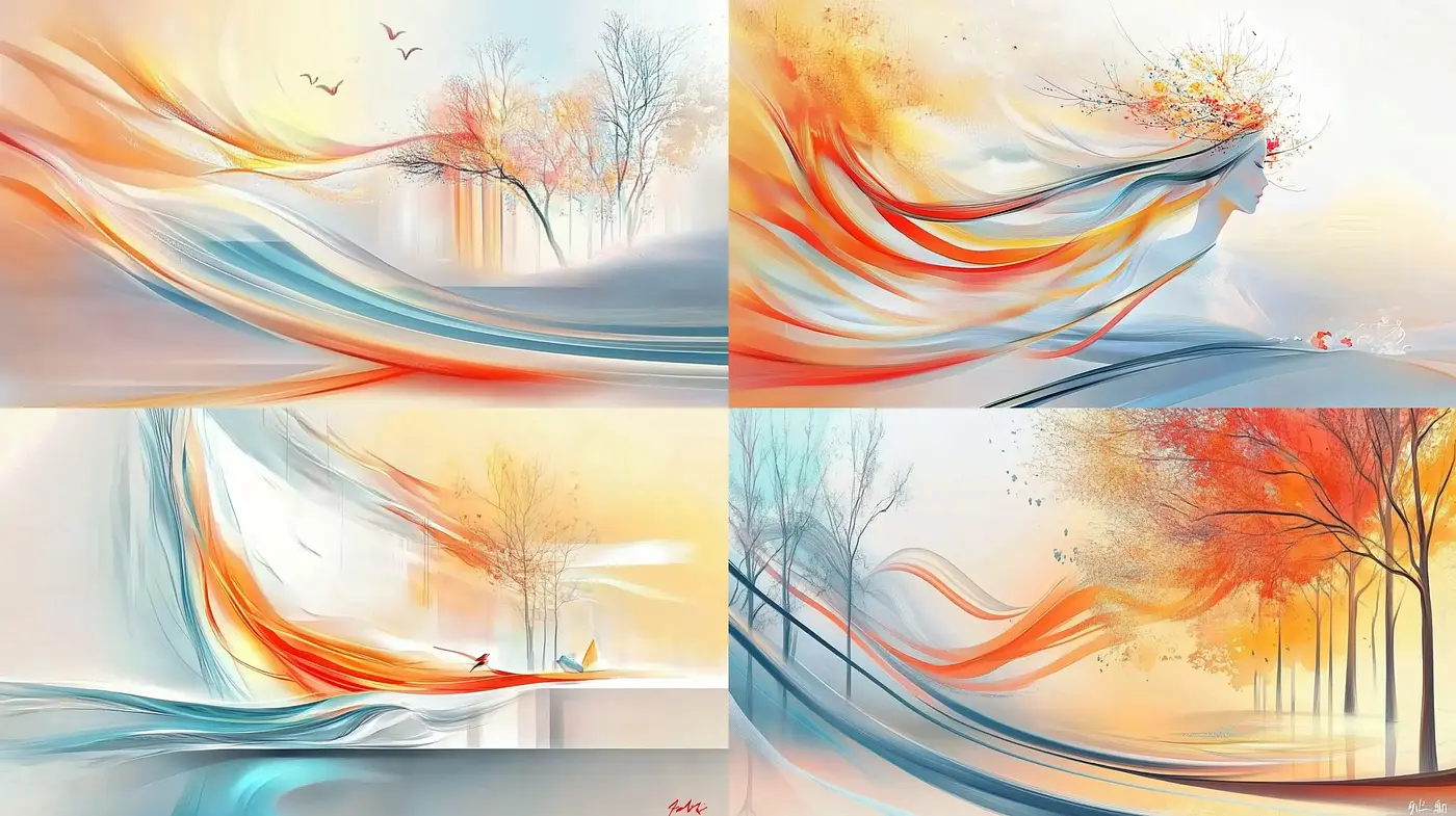 Ethereal Streams of Consciousness: A Harmonic Fusion of Flowing Forms and Autumn Hues - Midjourney sref style
