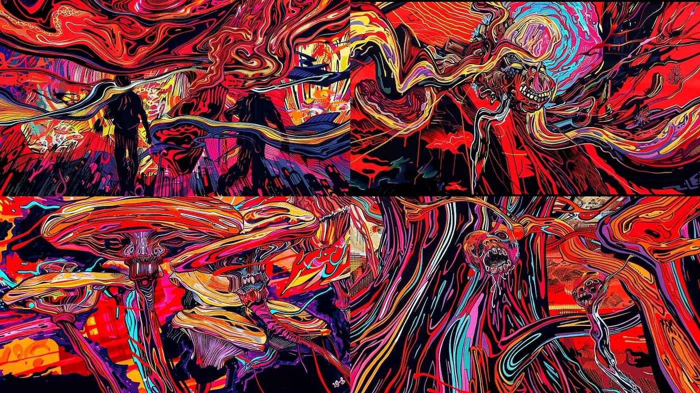 Dynamic and Vibrant Surreal Expressionism with Rich Textural Layers - Midjourney sref style