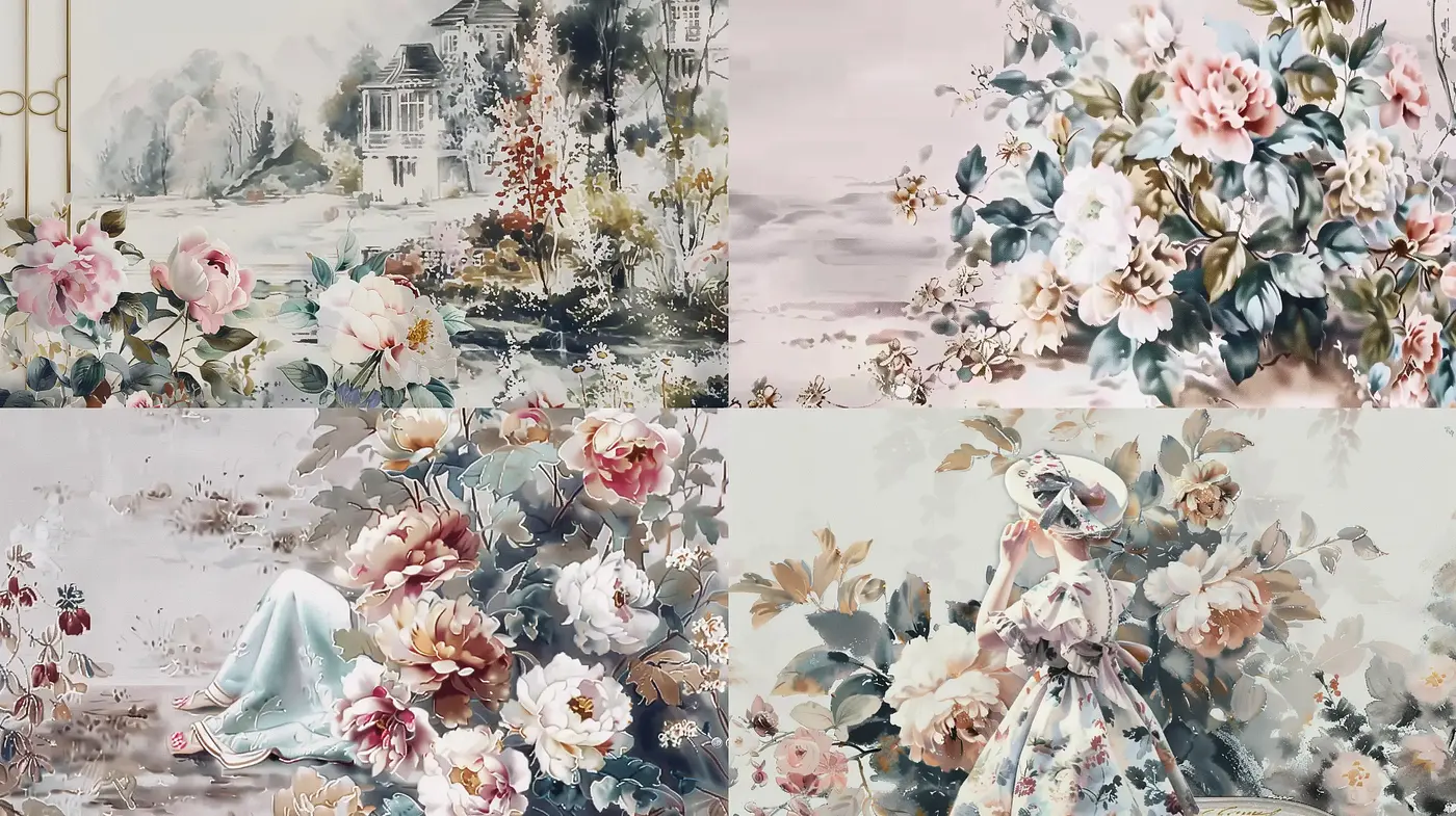 Ethereal Florals in Soft Hues: A Consistent Brushstroke Journey - Midjourney sref style