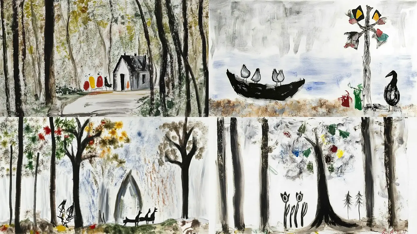 Whimsical Brushwork and Monochrome Palette with Surrealist Touches - Midjourney sref style