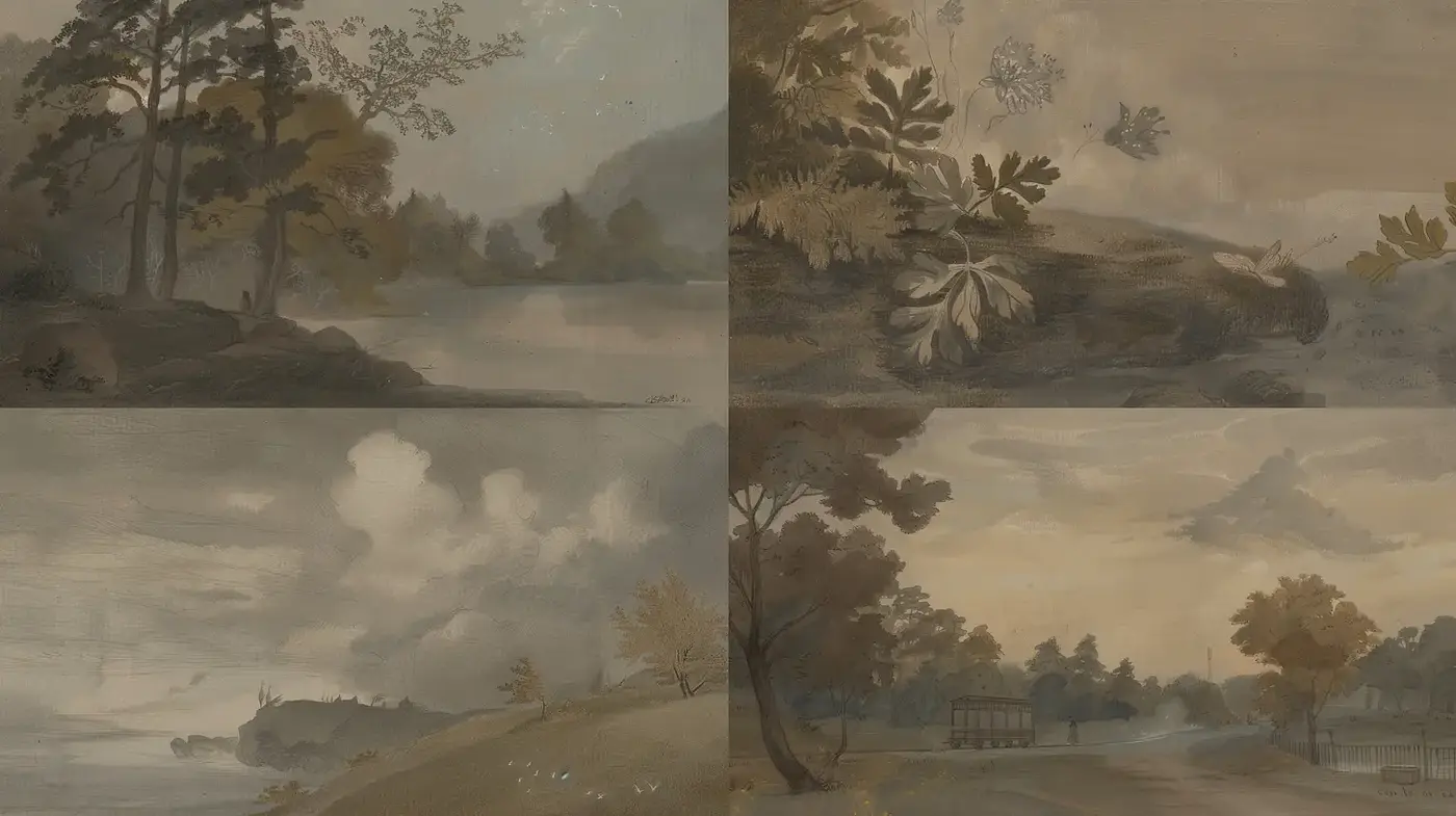 Sombre and Serene Landscape Imagery with Organic Elements - Midjourney sref style