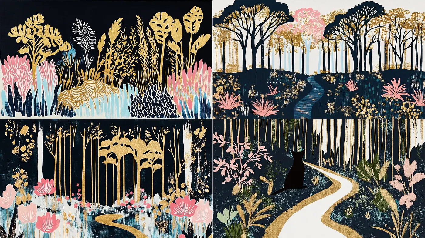 Enchanted Forest Nocturne: A Stylized Botanical Tapestry - Midjourney sref style