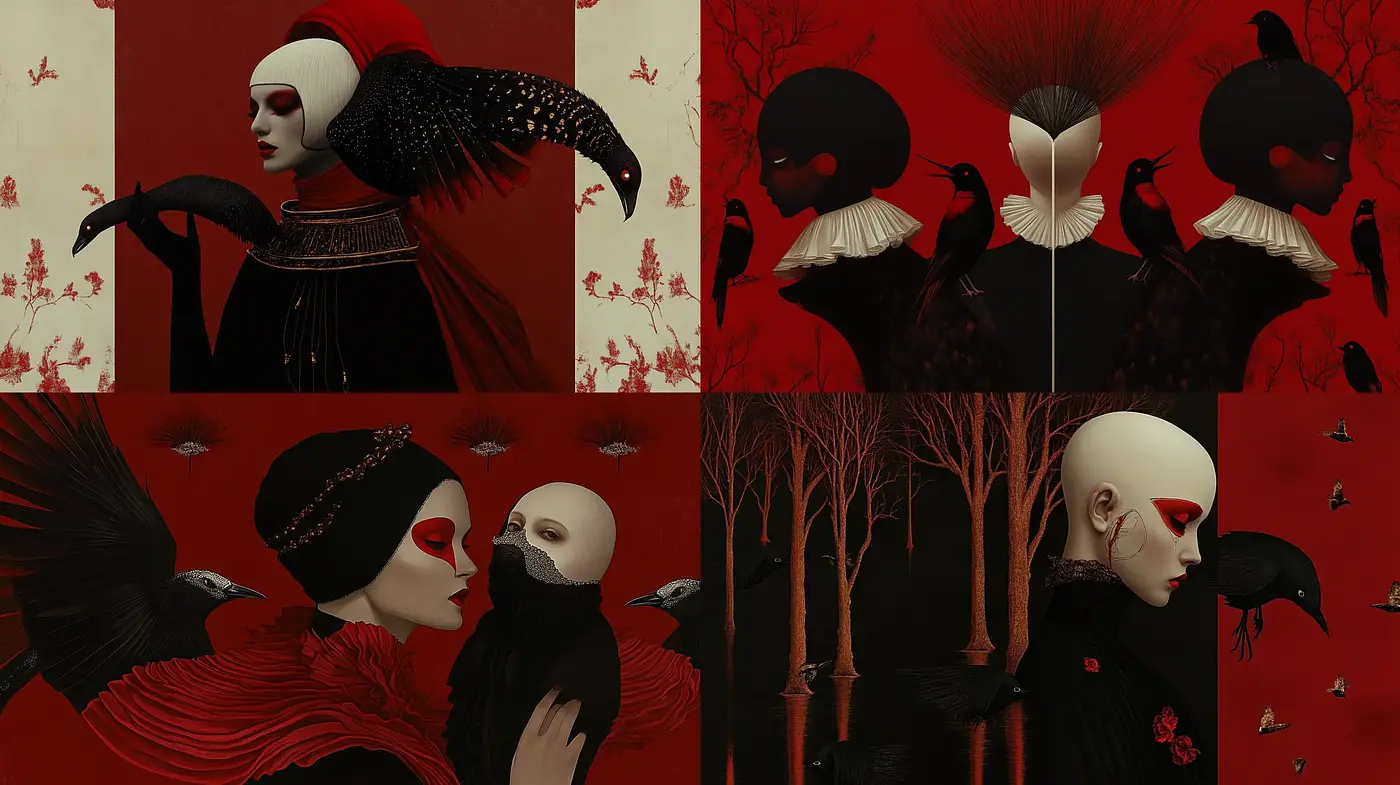 Ethereal Crimson Dreamscape with Surreal Avian Companions - Midjourney sref style