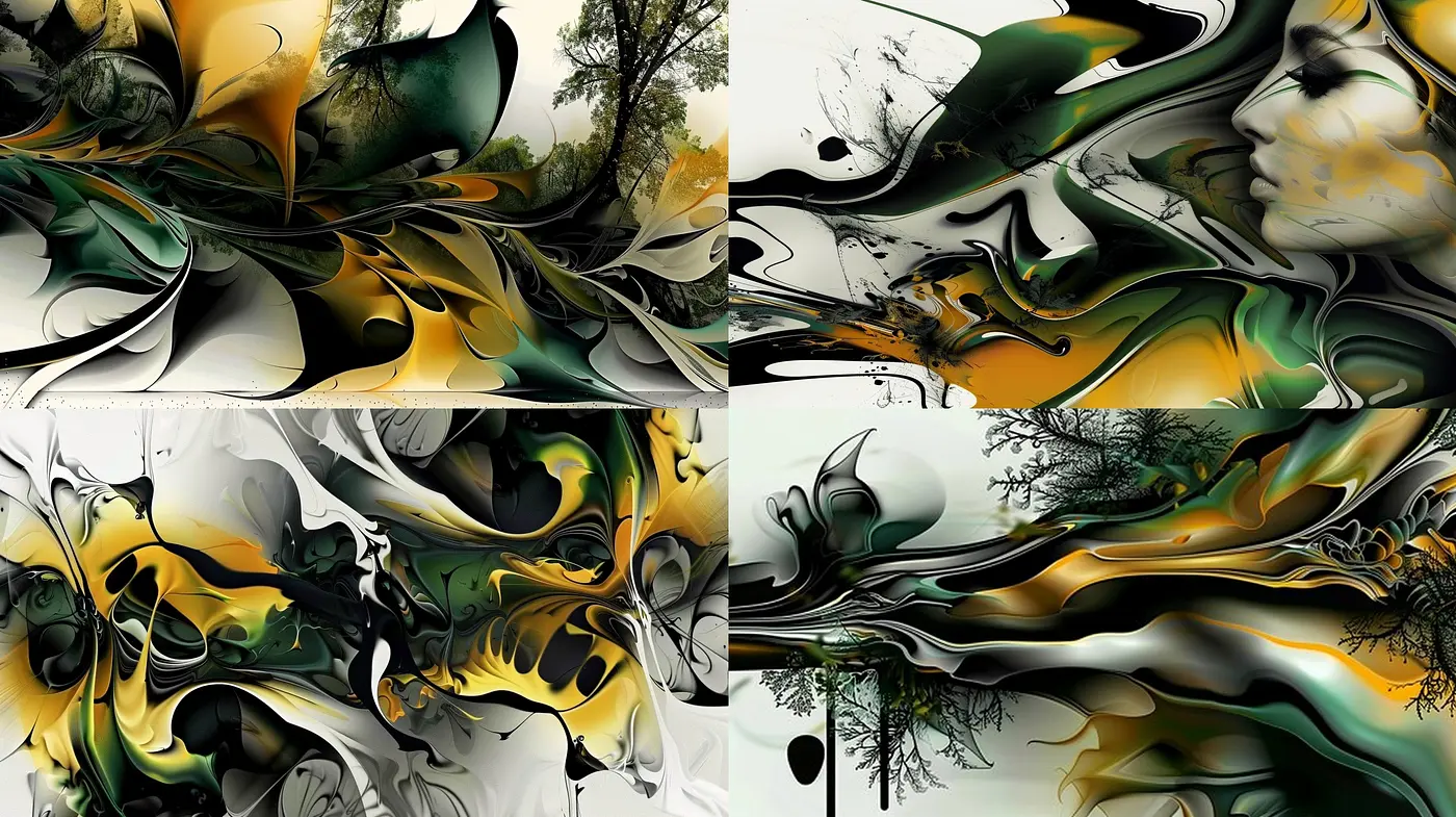 Abstract Organic Flow: A Dance of Nature and Fantasy in Green and Gold - Midjourney sref style