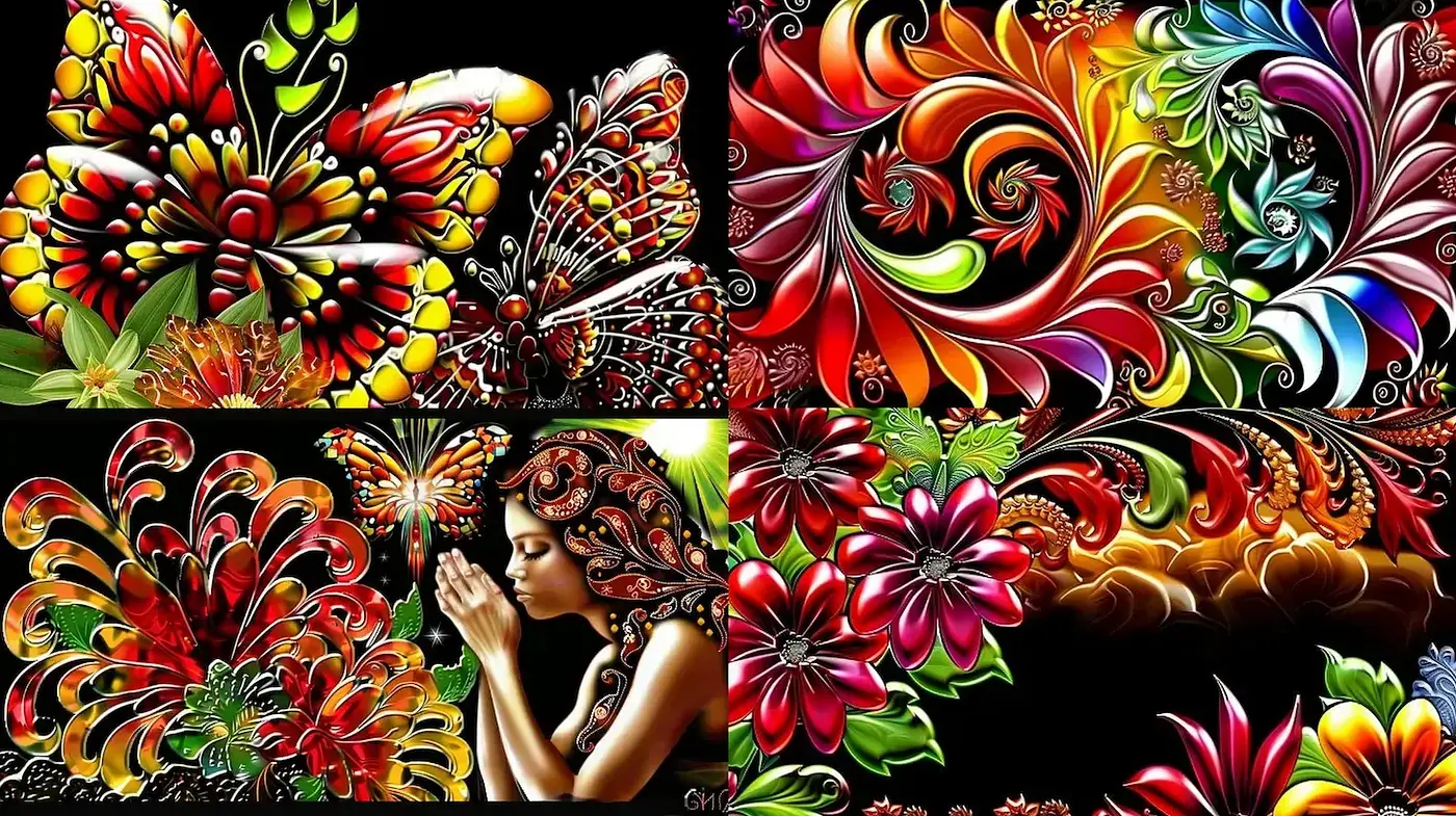 Vibrant floral imagery with intricate patterns and harmonious composition - Midjourney sref style