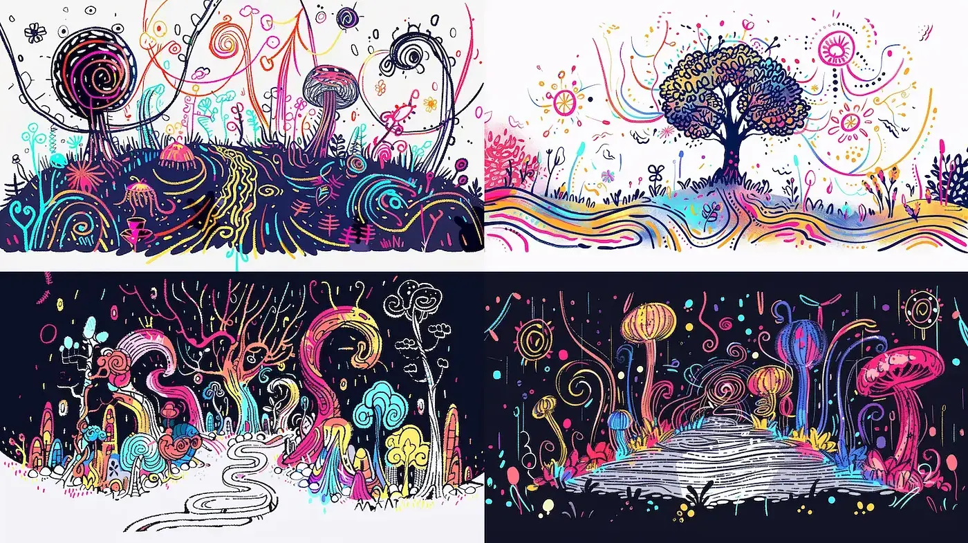 Whimsical and Colorful Psychedelic Illustration with Organic Forms - Midjourney sref style