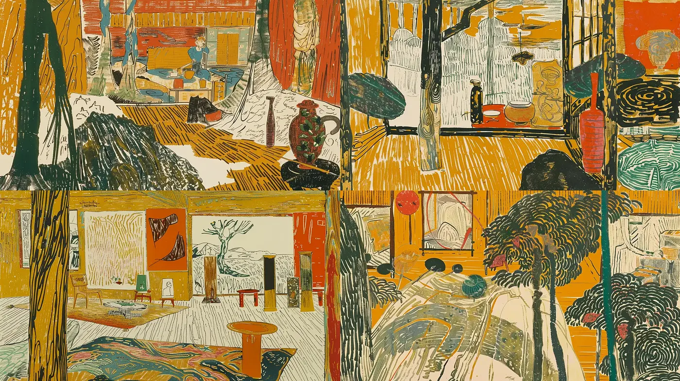 Vibrant Textural Tapestry of Abstract Forms and Scenes - Midjourney sref style