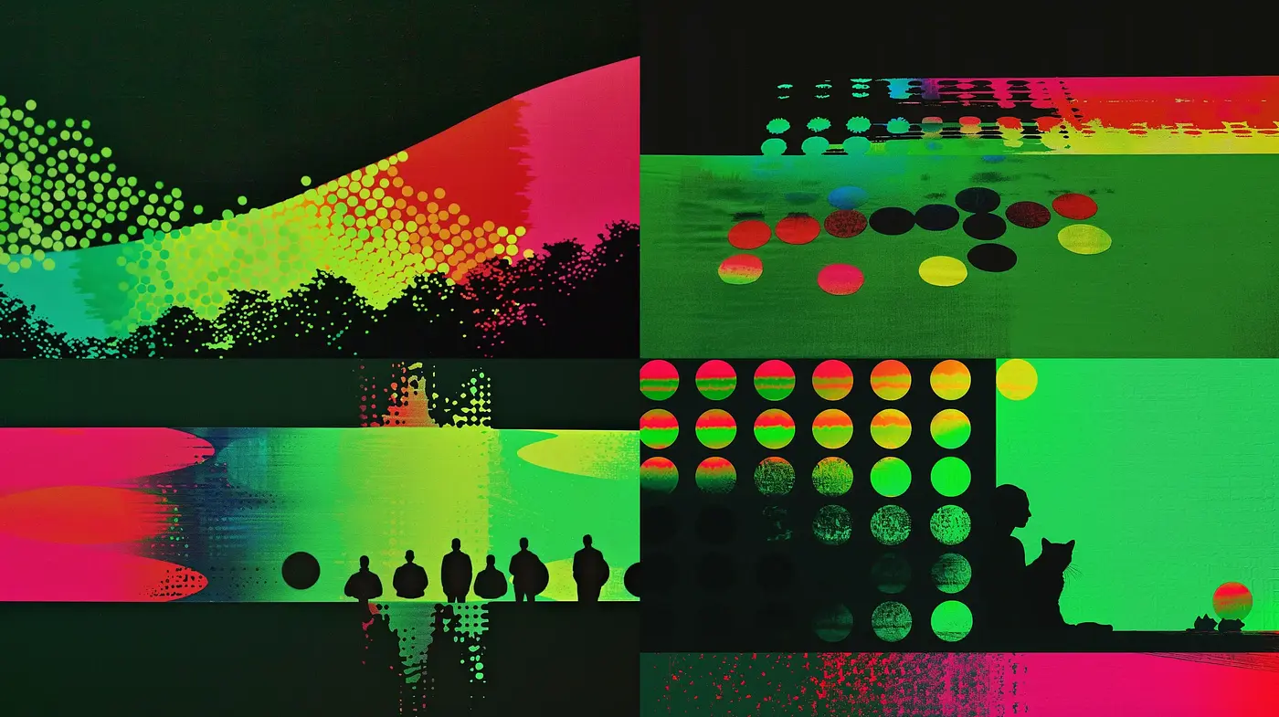 Neon Silhouette Dreamscapes: A Vivid Dot Matrix Art Fusion - Midjourney sref style