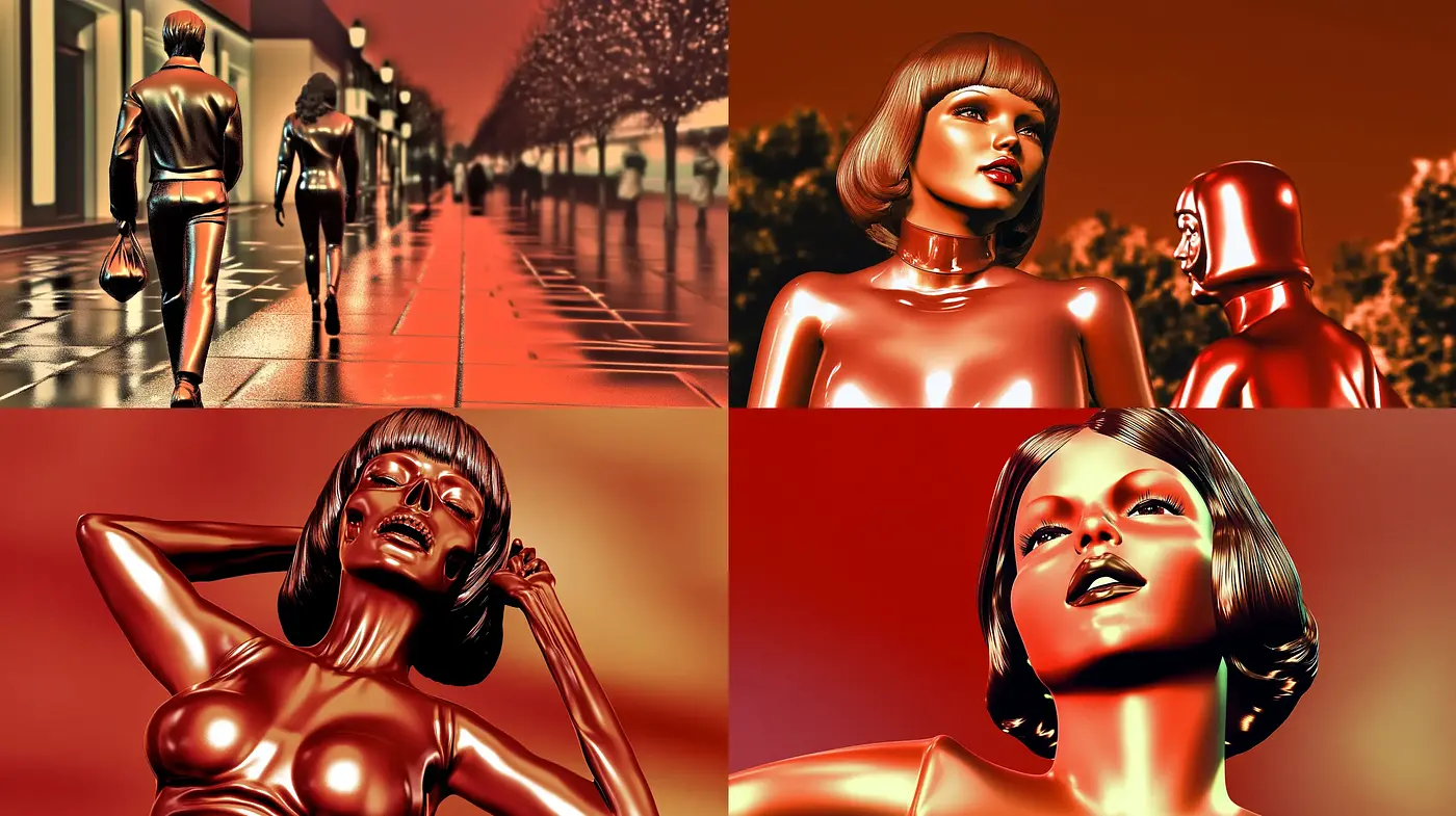 Glossy Amber Hues with Contemplative Retro-Futurism - Midjourney sref style