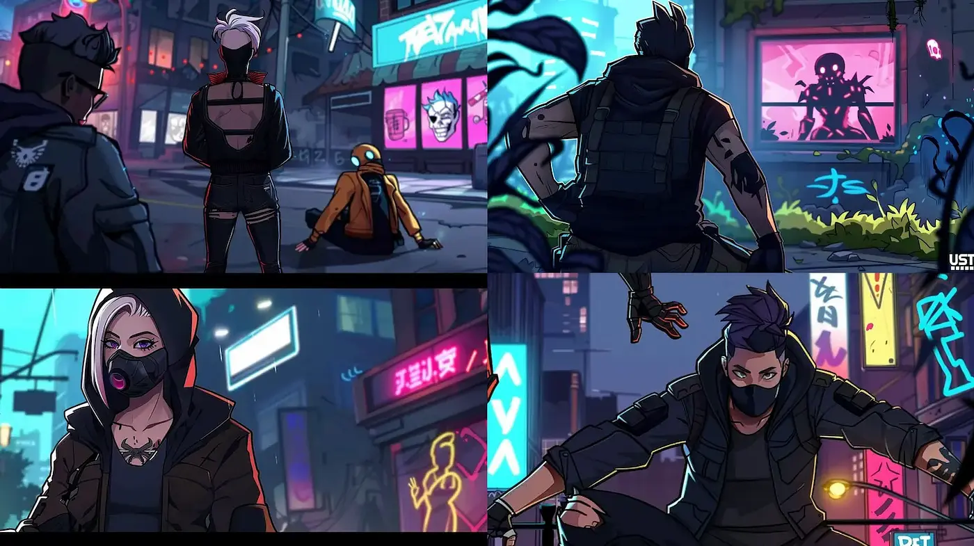 Dynamic Urban Cyberpunk Illustrations with Strong Character Presence - Midjourney sref style