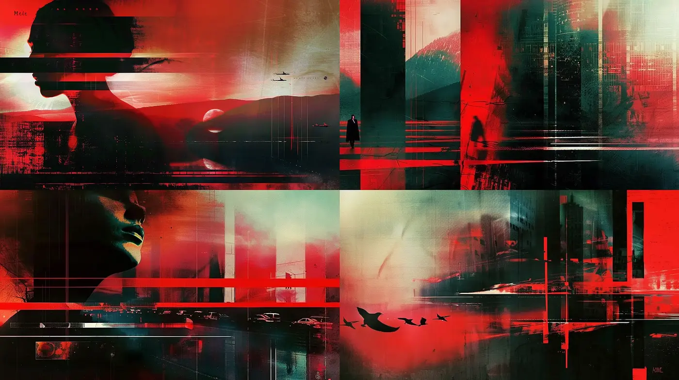 Futuristic Dystopian Glitch Art Panorama - Midjourney sref style