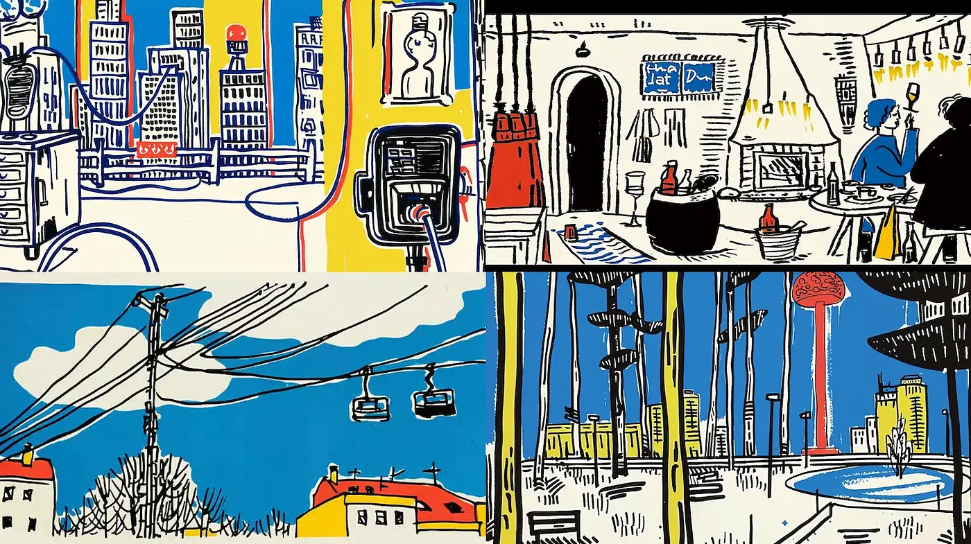 Playful Urban Scenes with Bold Color Contrast and Simplistic Lines - Midjourney sref style