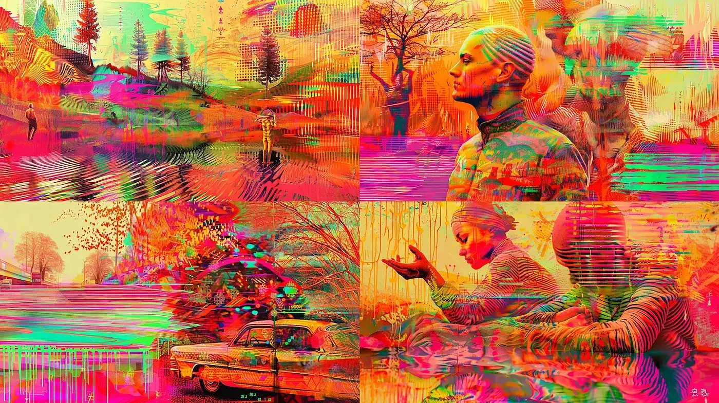 Vibrant, multi-faceted expression of surrealism with glitch art influence - Midjourney sref style