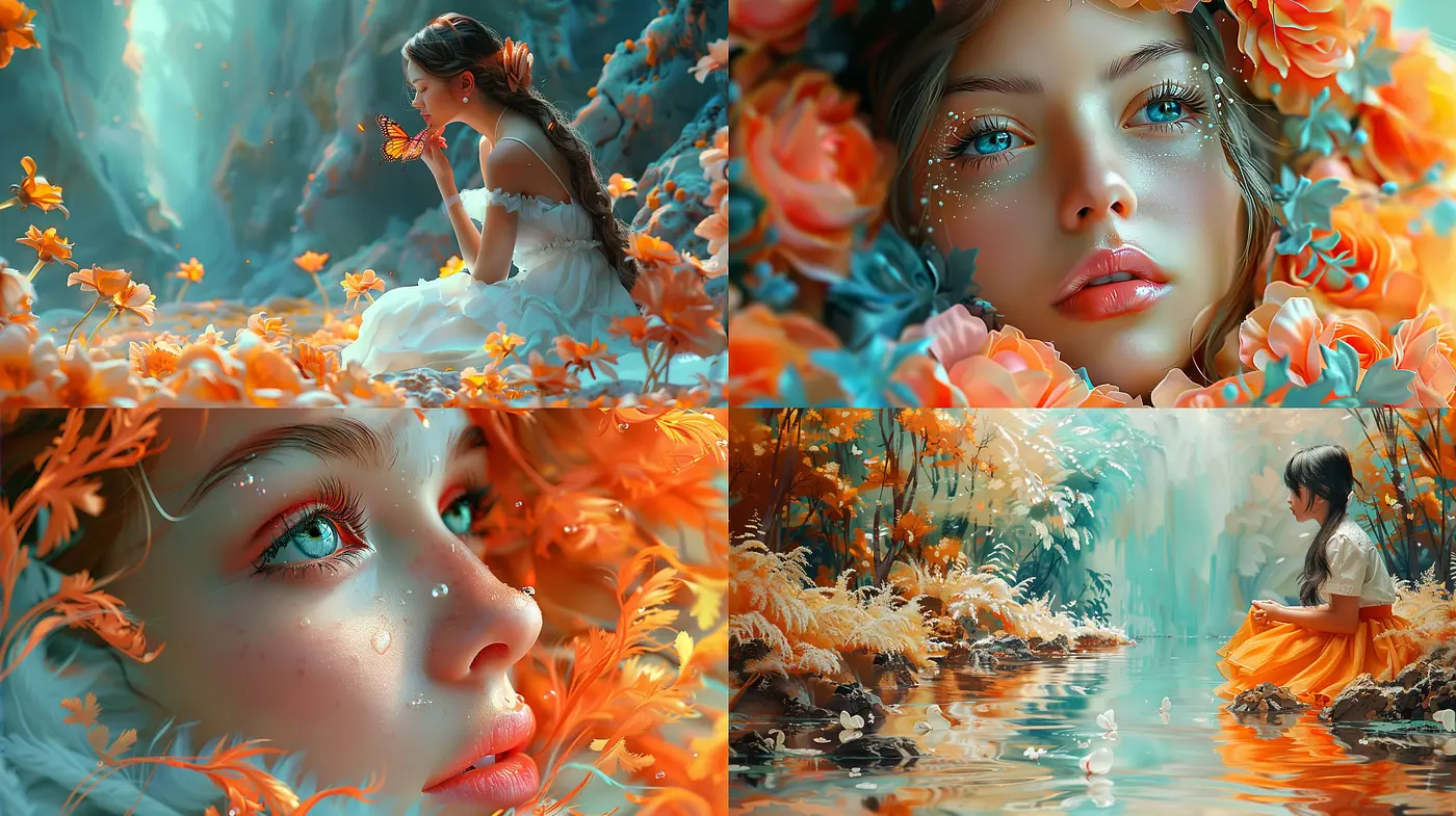 Enchanting Orange Blossom Dreamscape: A Consistent Palette of Fantasy Intertwined with Realism - Midjourney sref style
