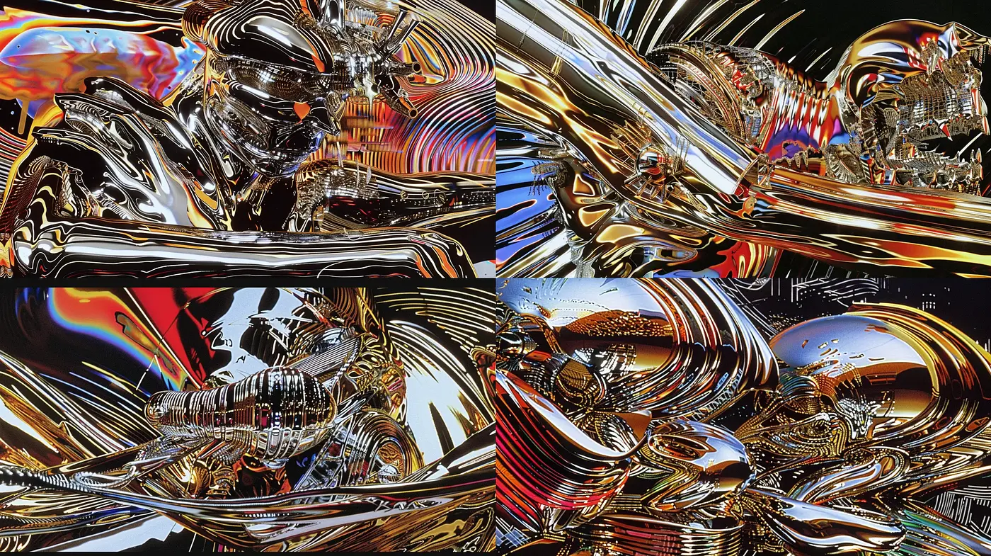 Abstract Luminosity: Reflective and Fluid Metallic Textures in Motion - Midjourney sref style