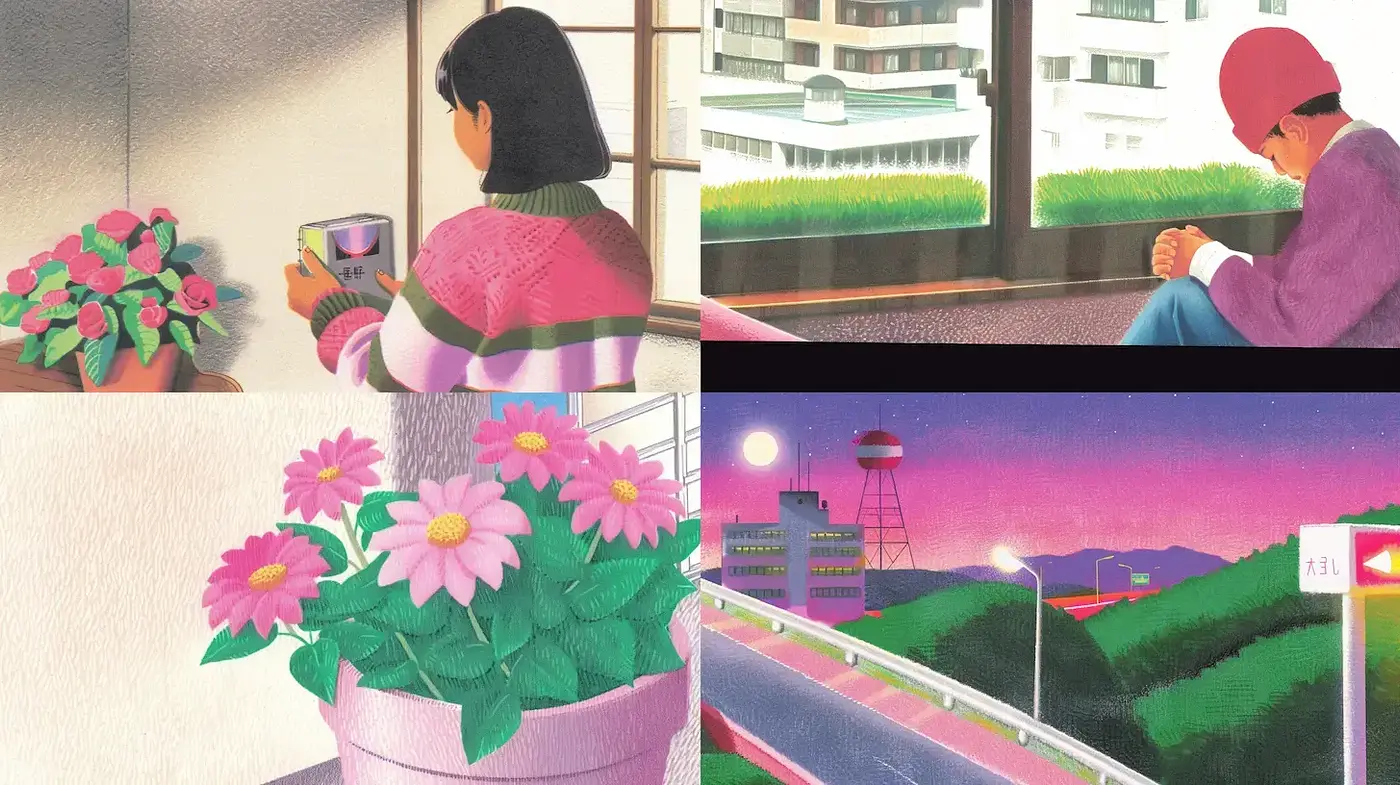 Vibrant yet serene illustrations infused with a retro aesthetic reminiscent of 80s Japanese art - Midjourney sref style