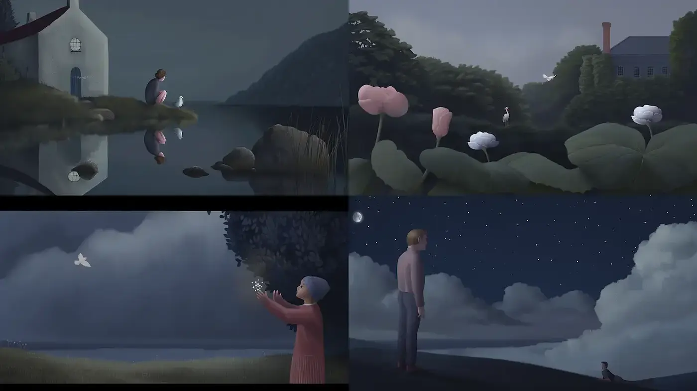 Serene and Dreamlike Illustrations with a Contemporary Touch - Midjourney sref style