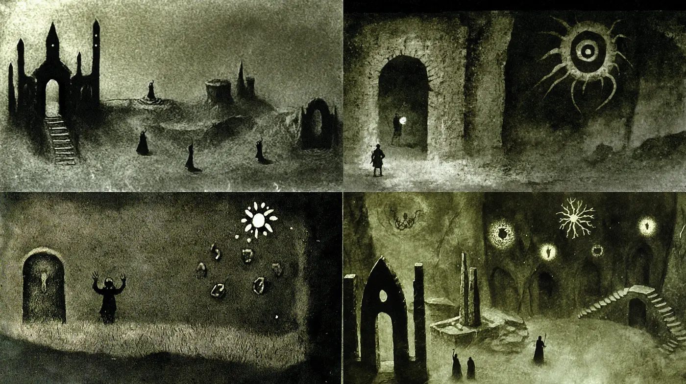 Eerie Monochromatic Dreamscapes with Expressionist Undertones - Midjourney sref style