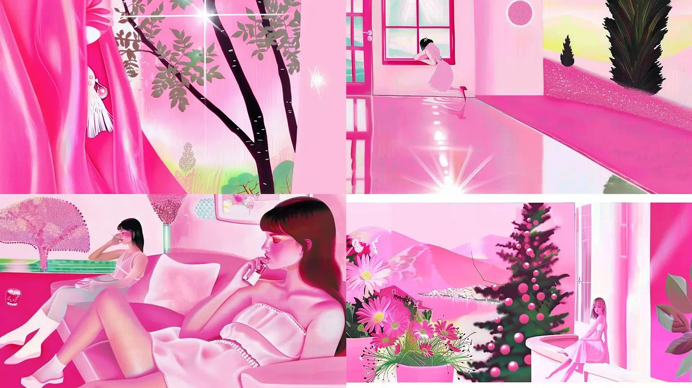 Monochromatic Pink Dreamscape: A Uniformly Pastel-Hued Vision Across Varied Scenes - Midjourney sref style
