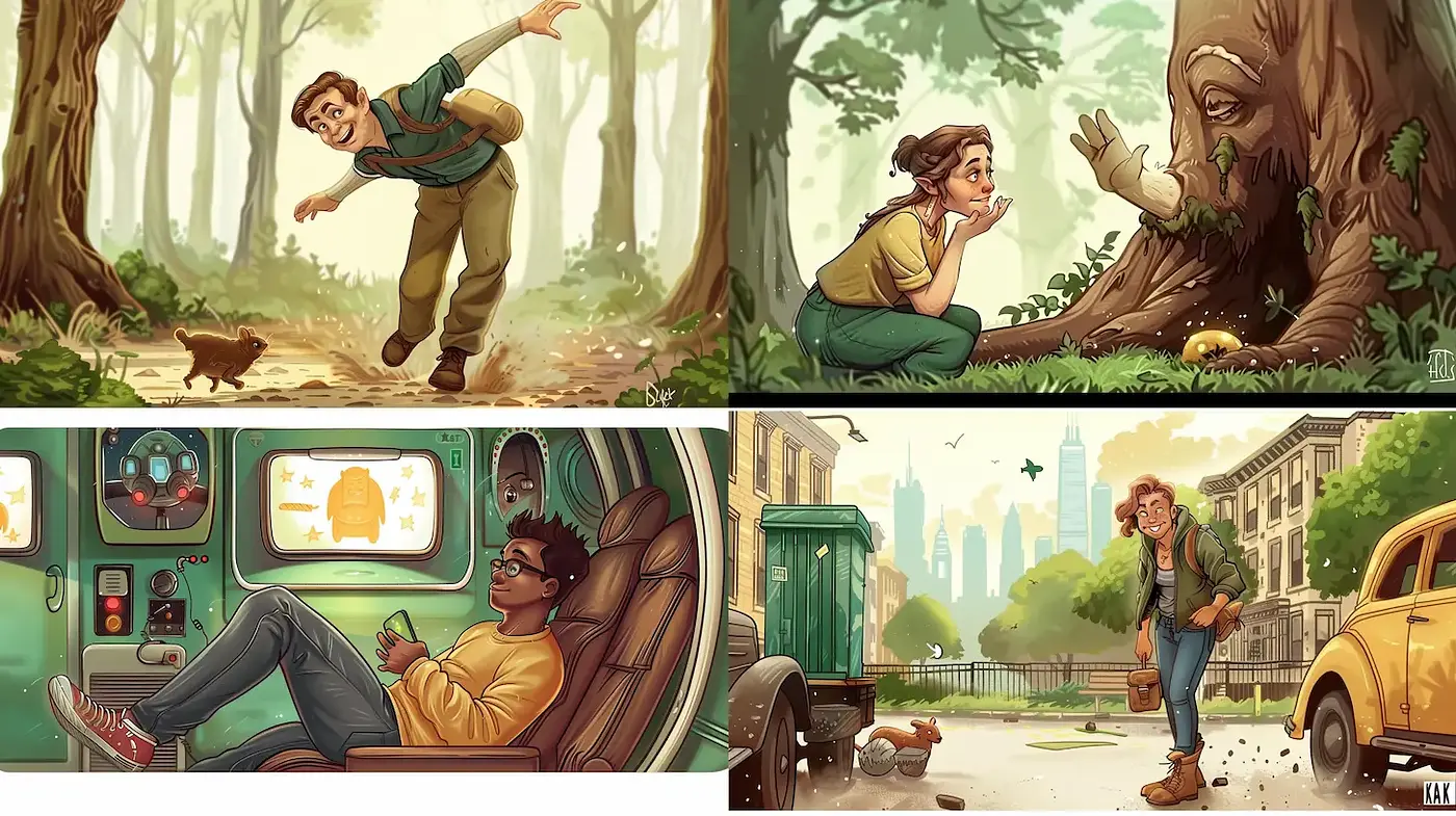 Charming Whimsical Illustrations with Nature and Urban Elements - Midjourney sref style