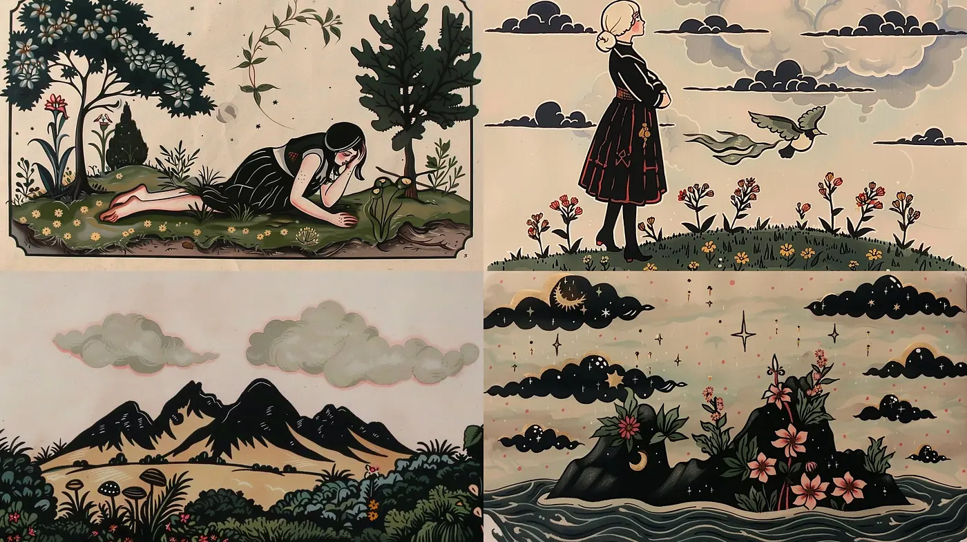 Ethereal Folklore: A Harmonious Blending of Myth and Nature in Stylized Illustration - Midjourney sref style