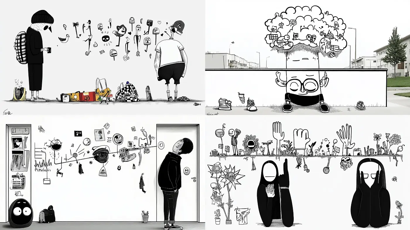Whimsical Monochrome Dreamscape with a Diverse Array of Objects - Midjourney sref style