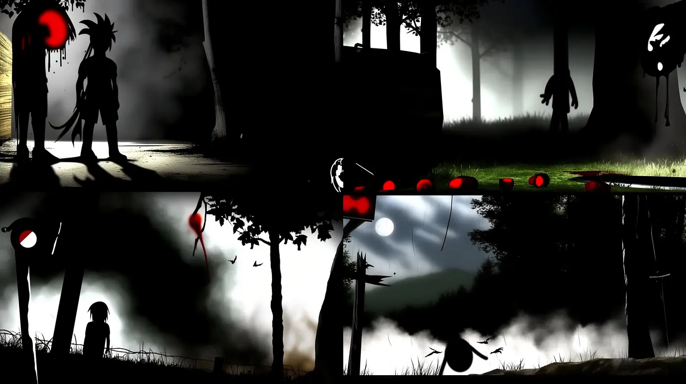 Nocturnal Silhouettes: An Exploration of Monochrome Landscapes and Red Accents - Midjourney sref style