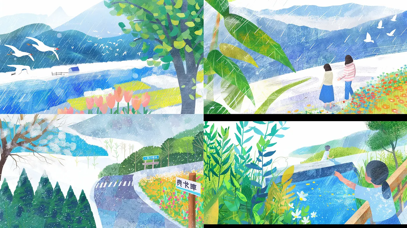 Consistent Elements in Stylized Pastoral Scenes - Midjourney sref style