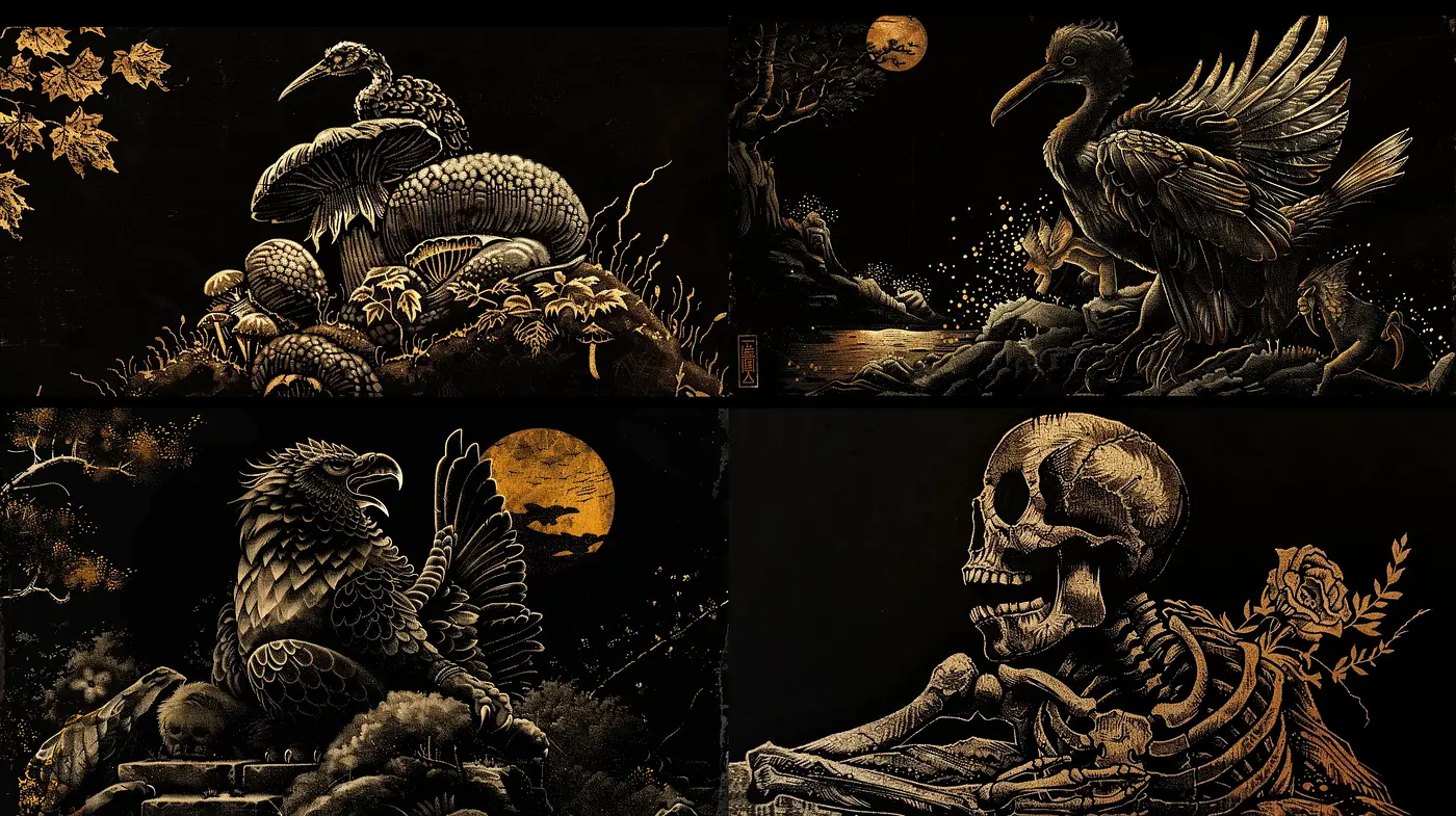 Nocturnal Elegance in Monochromatic Gold: A Darkly Majestic Artistic Blend - Midjourney sref style