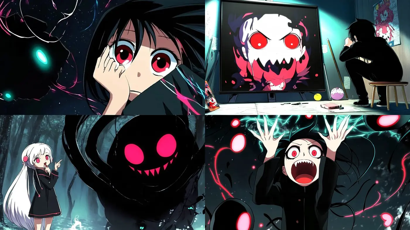 Darkly Fantastical Anime with Haunting Elements and Vivid Contrast - Midjourney sref style