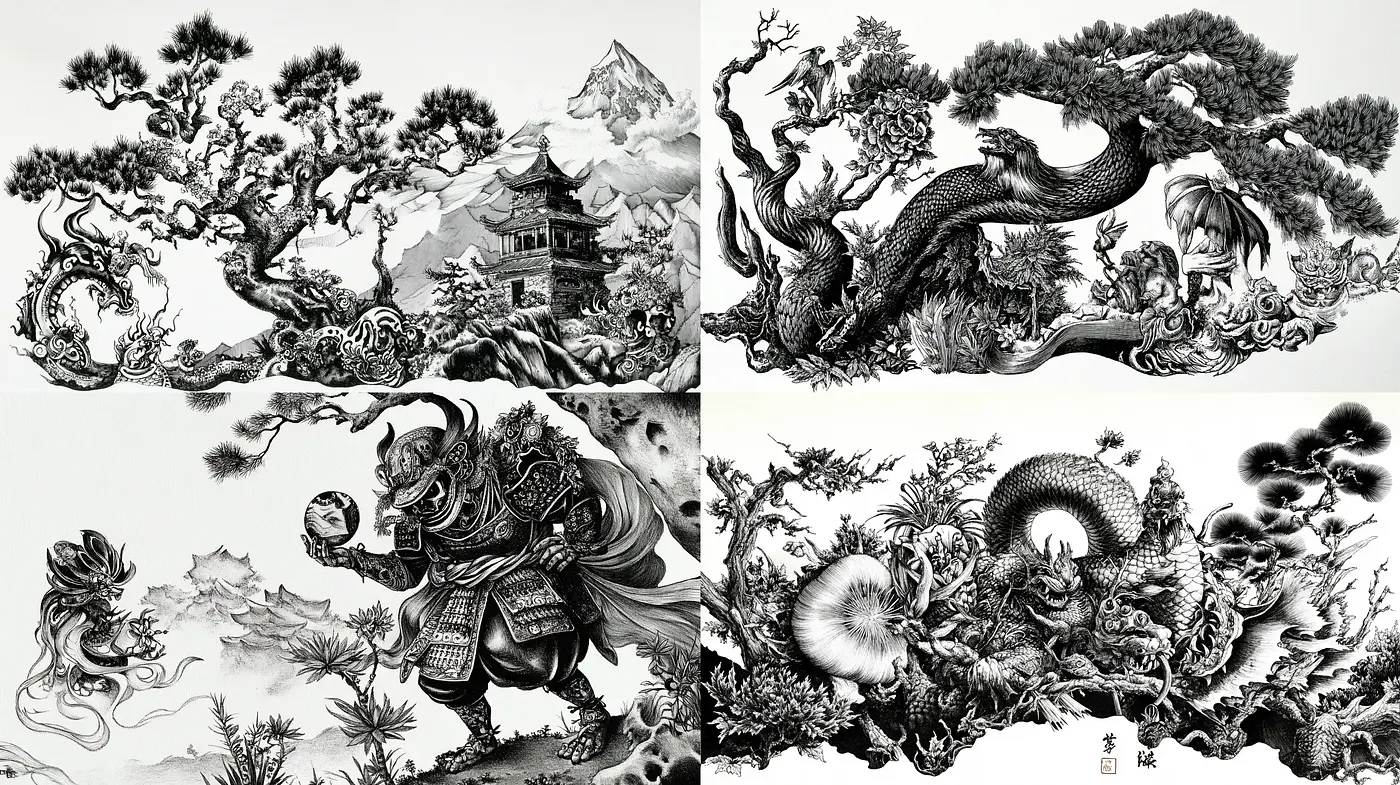 Monochromatic Asian Mythological Ink Works - Midjourney sref style