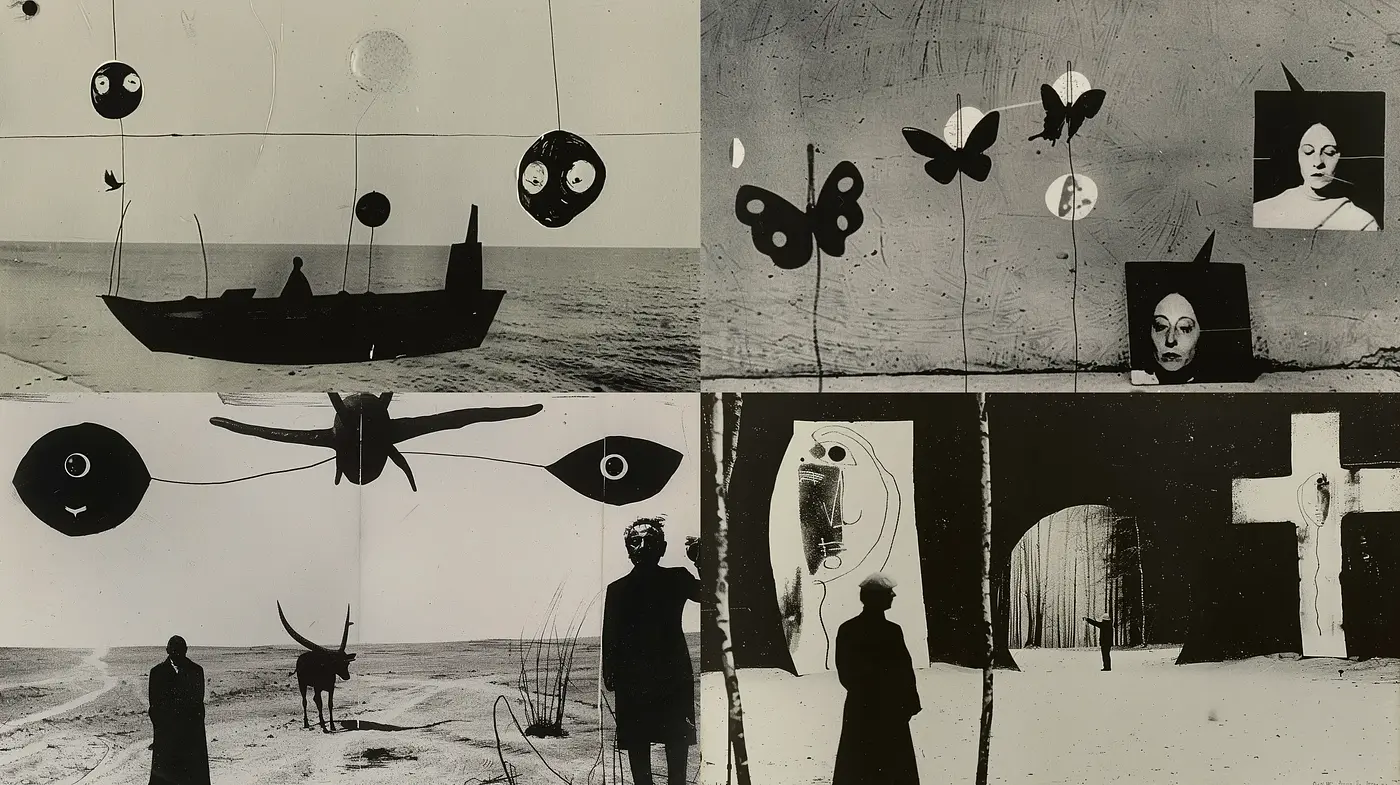 Monochromatic Surrealism with Photographic Textures - Midjourney sref style
