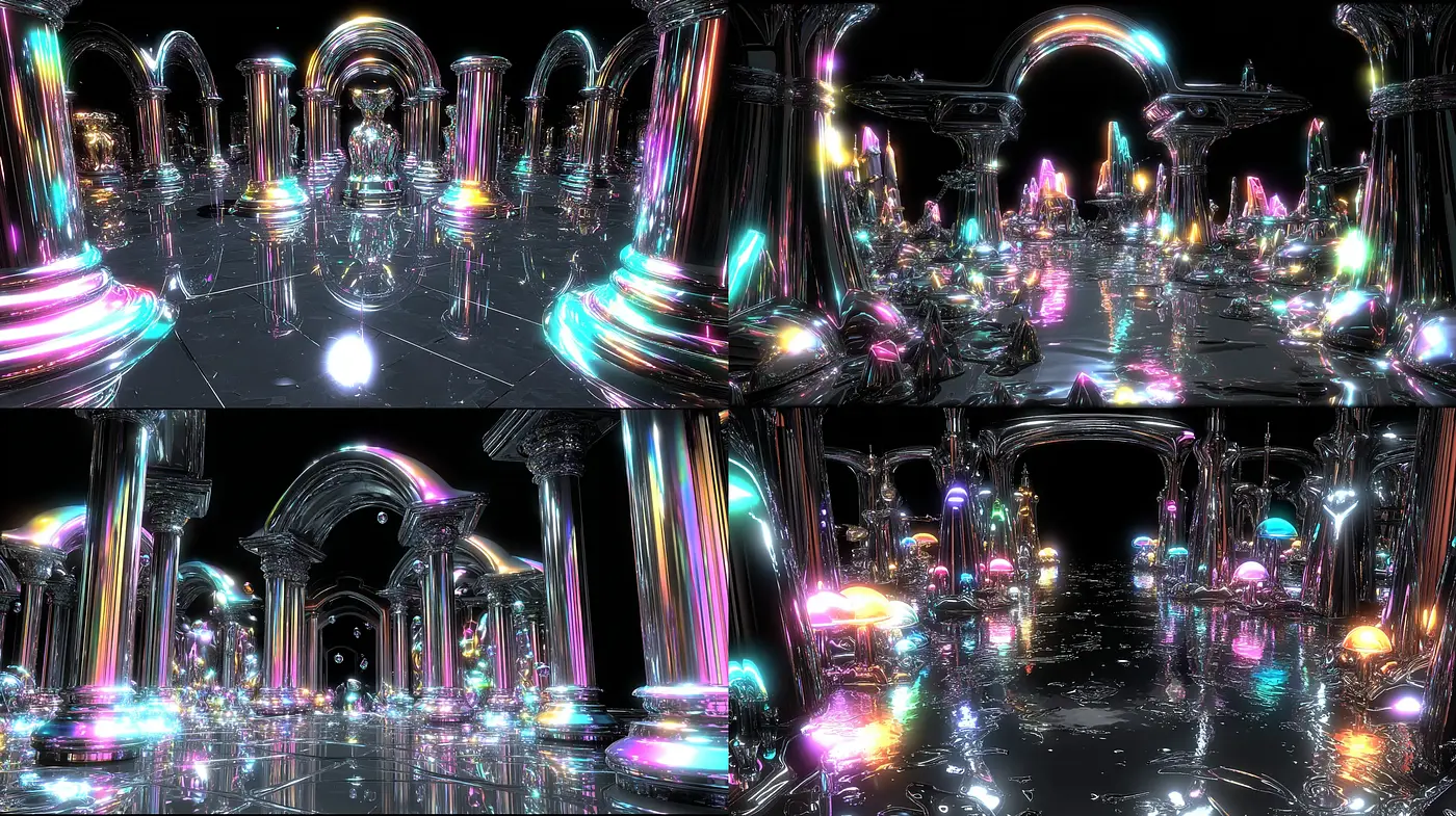 Futuristic surrealism with iridescent elements - Midjourney sref style