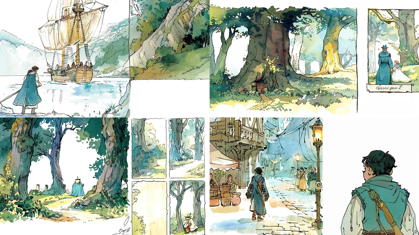 Enchanted Watercolor Vistas: A Stroll through Serene Narratives - Midjourney sref style