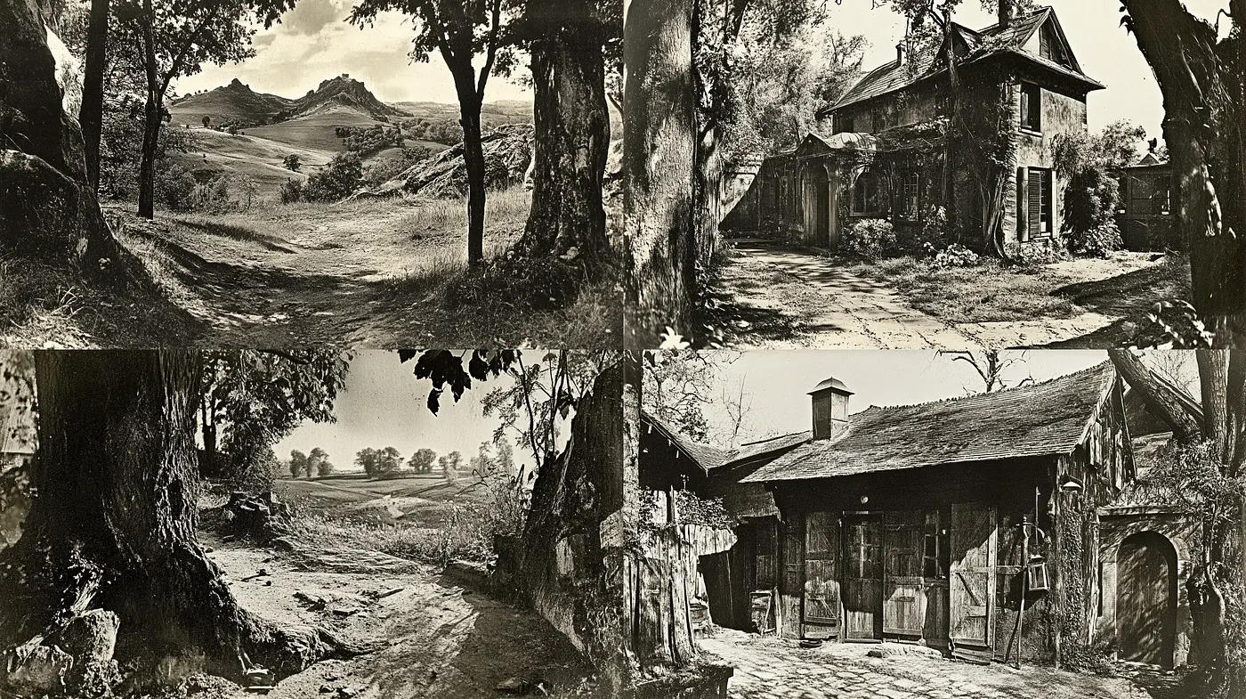 Monochromatic Rusticity in Surreal Countrysides - Midjourney sref style