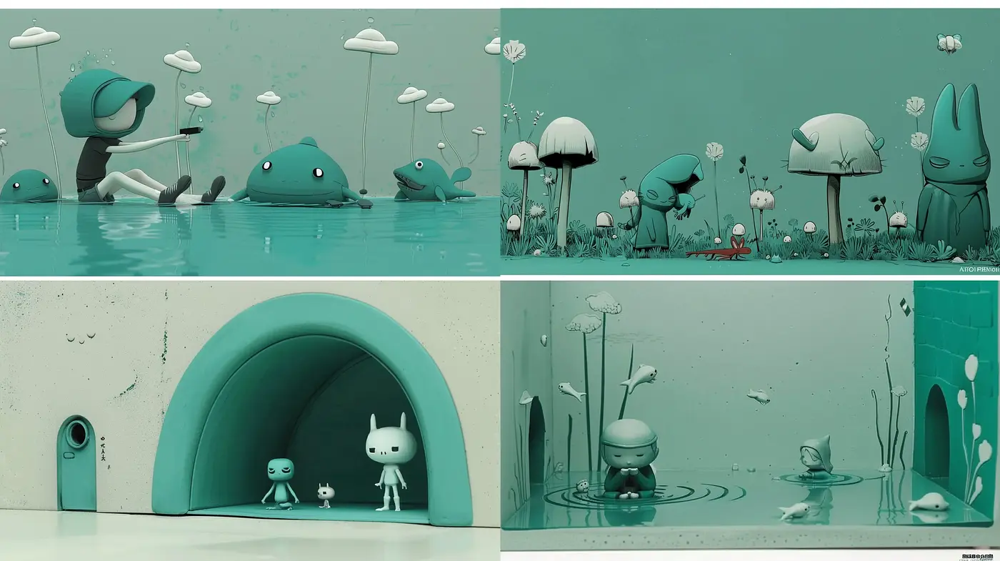 Surreal Aquatic Dreamscape in Monochromatic Jade - Midjourney sref style
