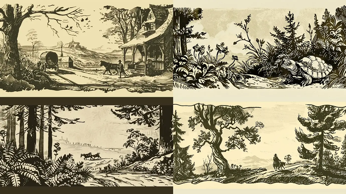 Rustic Etchings of Pastoral Serenity - Midjourney sref style