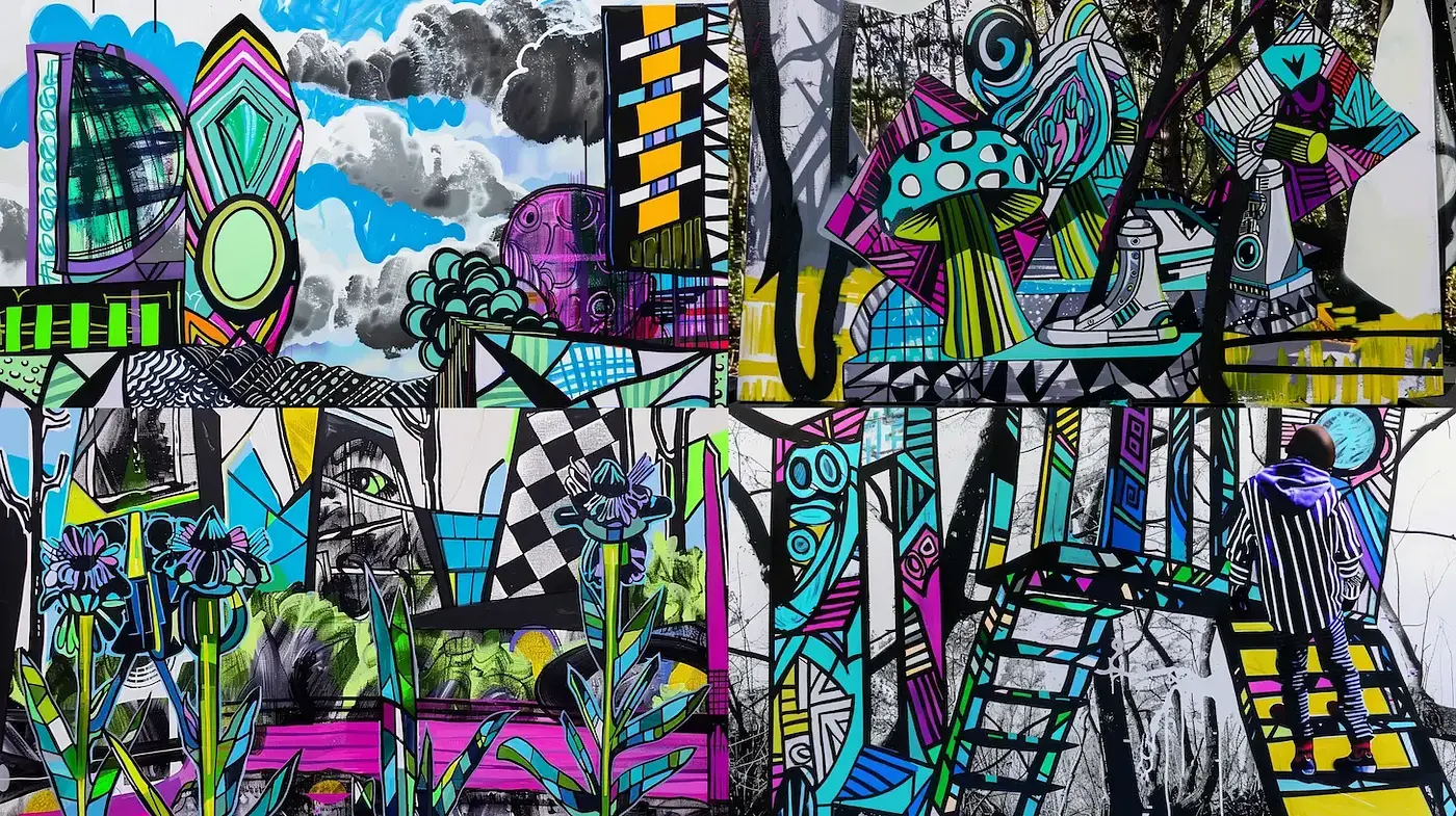 Vibrant with bold geometric elements and a whimsical flair - Midjourney sref style