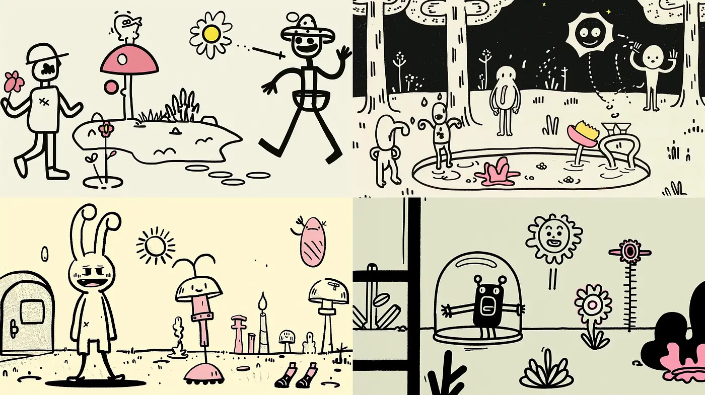 Monochrome Whimsy: Cartoon Linework with Surreal Retro Charm - Midjourney sref style