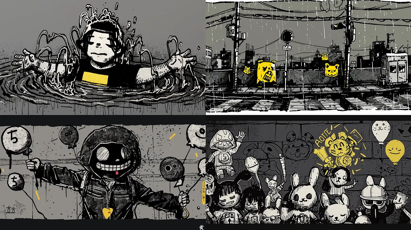 Monochromatic Mischief with Yellow Accents: A Fusion of Urban Edge and Playful Imagery - Midjourney sref style